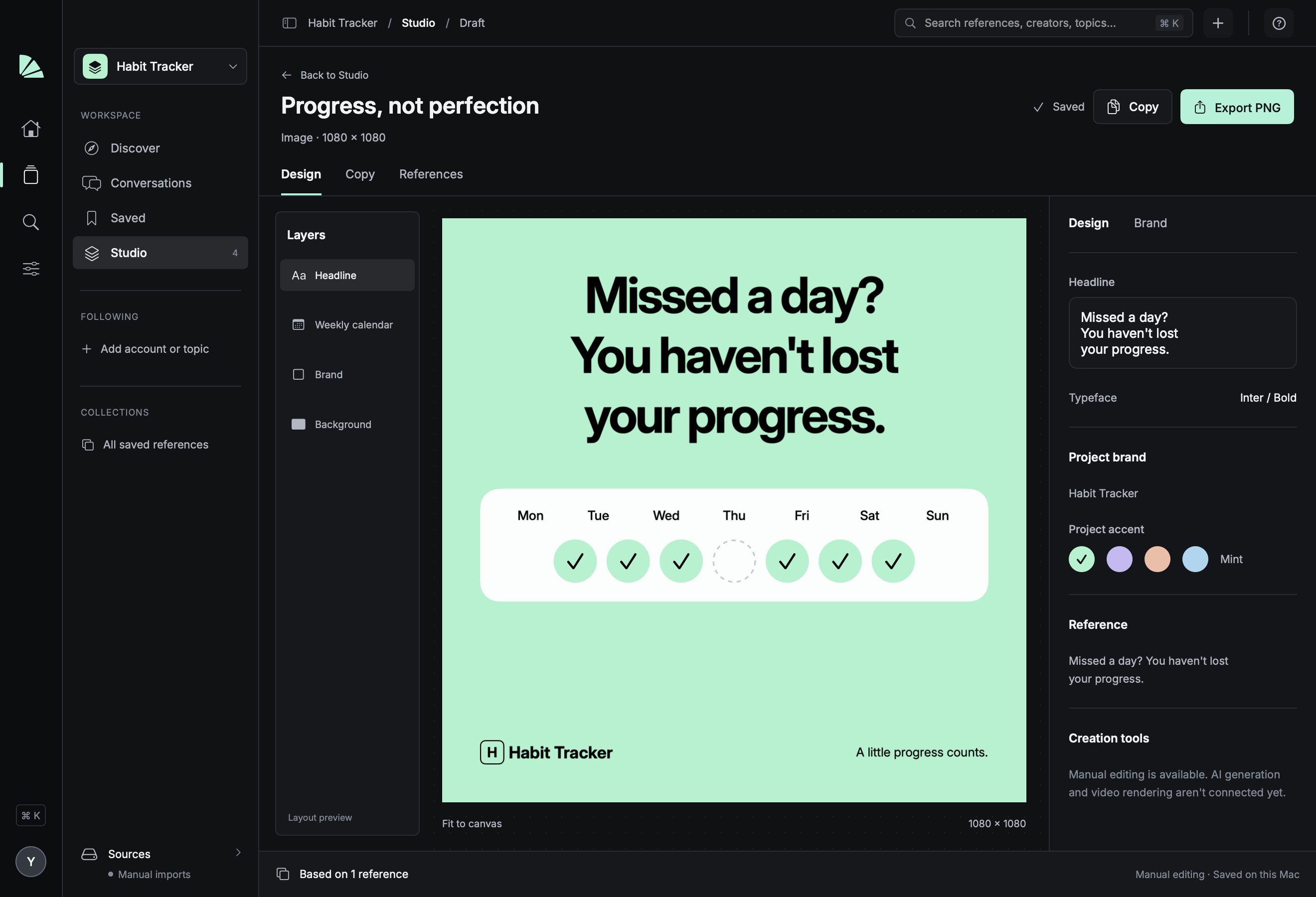 Outloud Studio with an editable creative, calendar artwork, and brand controls.